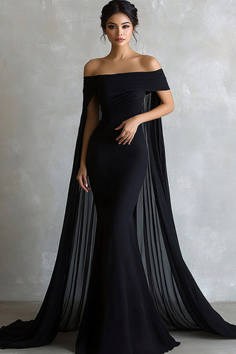 Schwarz Meerjungfrau Satin Schulterfreie Lange Abendkleid