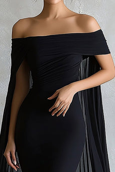 Schwarz Meerjungfrau Satin Schulterfreie Lange Abendkleid