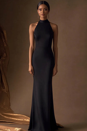 Schwarz Sheath Satin Neckholder Lange Abendkleid