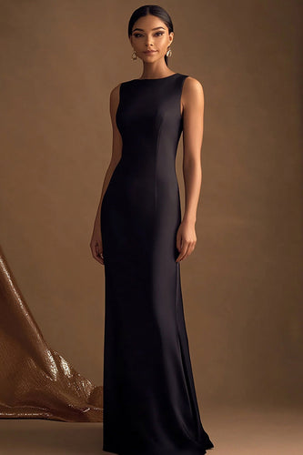 Einfaches Schwarz Satin Lange Sheath Abendkleid