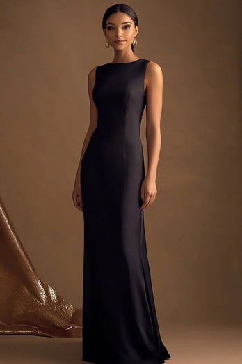 Einfaches Schwarz Satin Lange Sheath Abendkleid