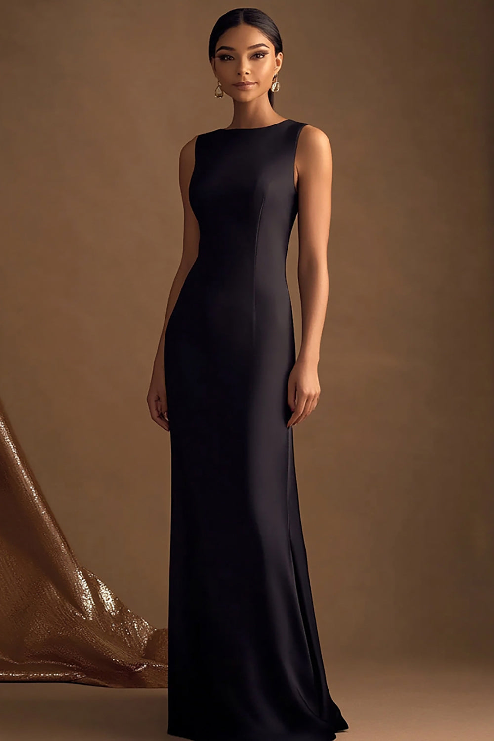 Einfaches Schwarz Satin Lange Sheath Abendkleid