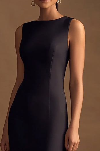 Einfaches Schwarz Satin Lange Sheath Abendkleid