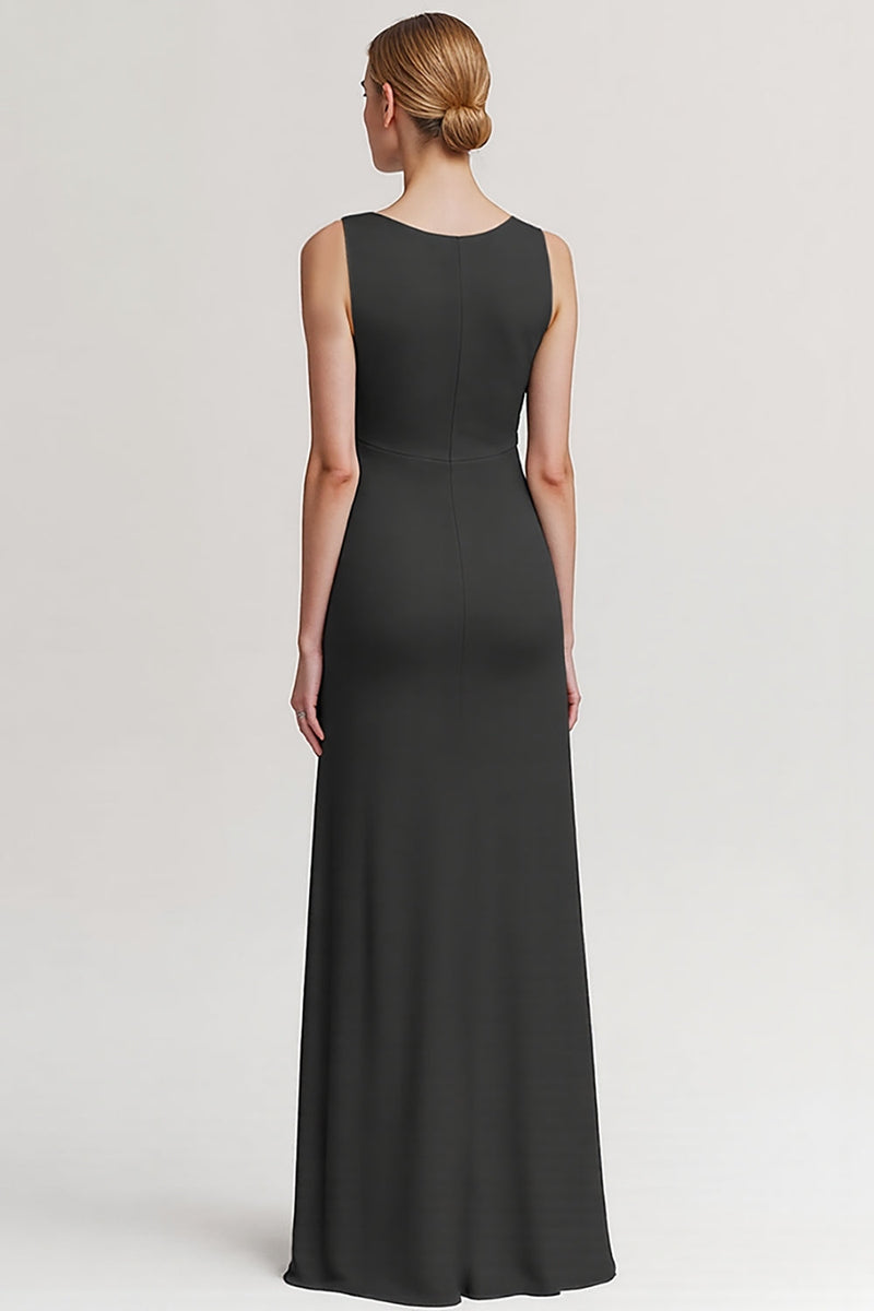 Laden Sie das Bild in den Galerie-Viewer, Schwarz V Ausschnitt Sheath Lange Abendkleid mit Rüschen