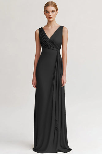 Schwarz V Ausschnitt Sheath Lange Abendkleid mit Rüschen