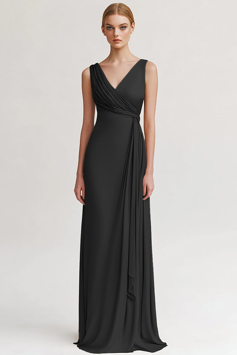 Laden Sie das Bild in den Galerie-Viewer, Schwarz V Ausschnitt Sheath Lange Abendkleid mit Rüschen