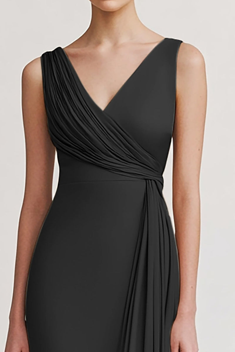 Laden Sie das Bild in den Galerie-Viewer, Schwarz V Ausschnitt Sheath Lange Abendkleid mit Rüschen