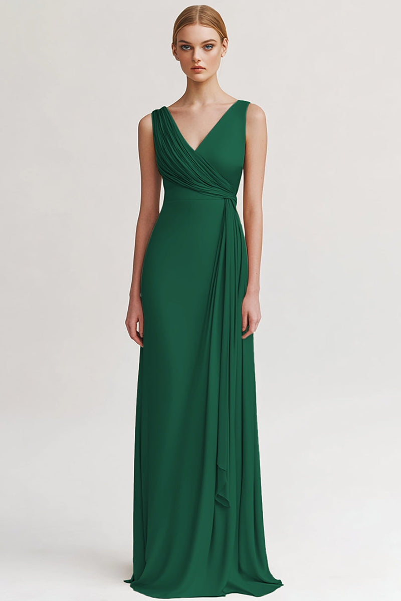 Laden Sie das Bild in den Galerie-Viewer, Schwarz V Ausschnitt Sheath Lange Abendkleid mit Rüschen