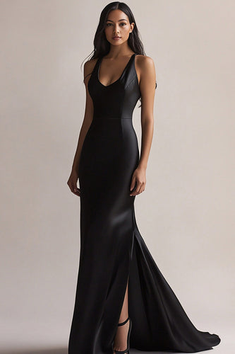 Schwarz Satin Meerjungfrau Lange Abendkleid mit Schlitz