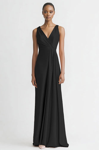 Schwarz Satin A Linie Rüschen V Ausschnitt Lange Abendkleid