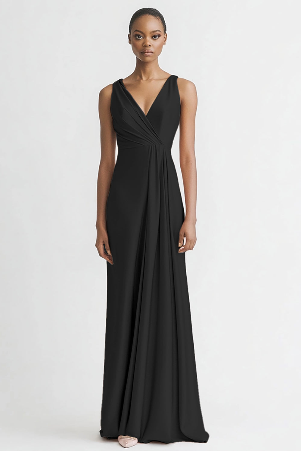 Schwarz Satin A Linie Rüschen V Ausschnitt Lange Abendkleid