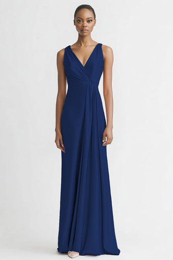 Schwarz Satin A Linie Rüschen V Ausschnitt Lange Abendkleid