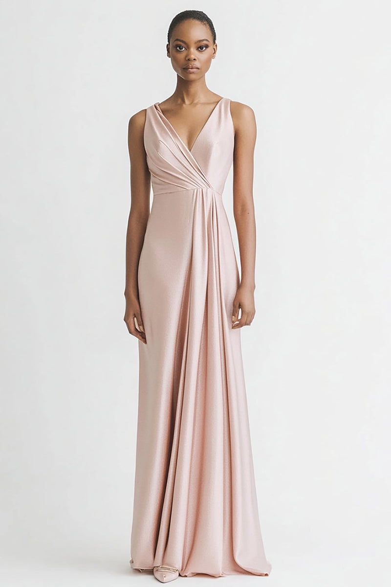 Laden Sie das Bild in den Galerie-Viewer, Schwarz Satin A Linie Rüschen V Ausschnitt Lange Abendkleid