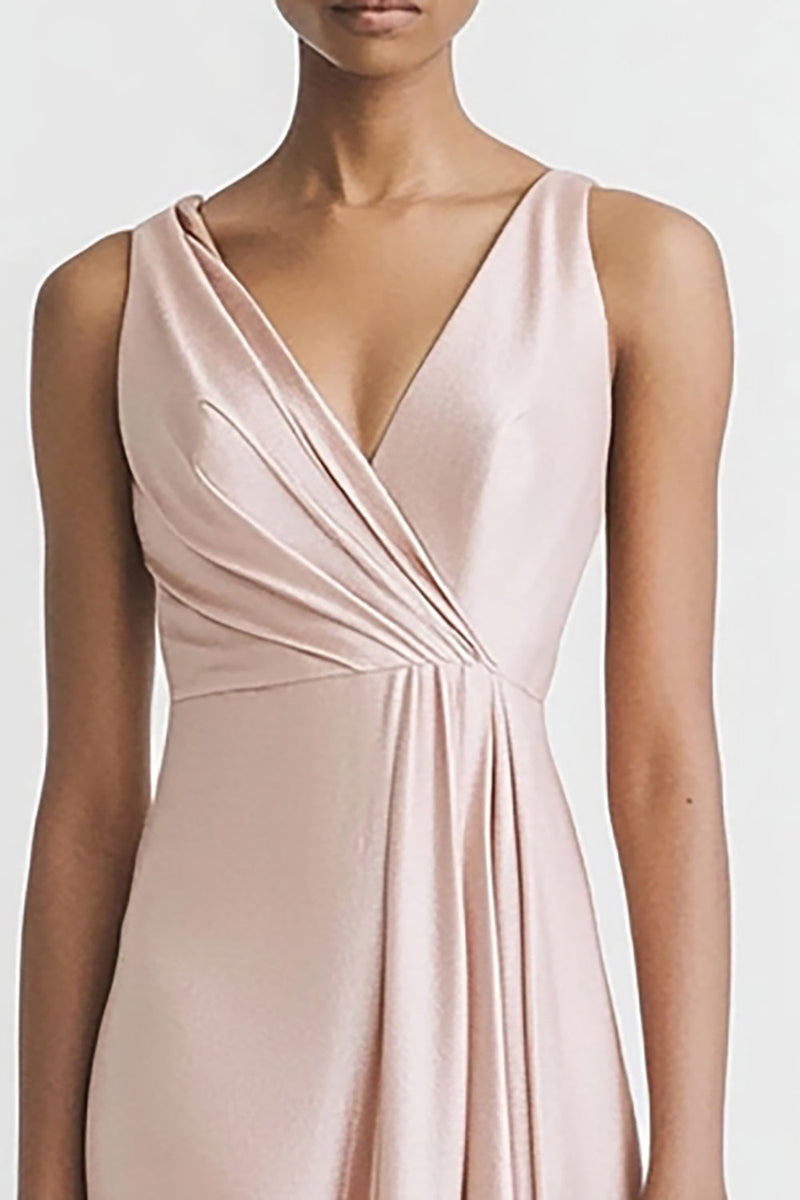 Laden Sie das Bild in den Galerie-Viewer, Schwarz Satin A Linie Rüschen V Ausschnitt Lange Abendkleid