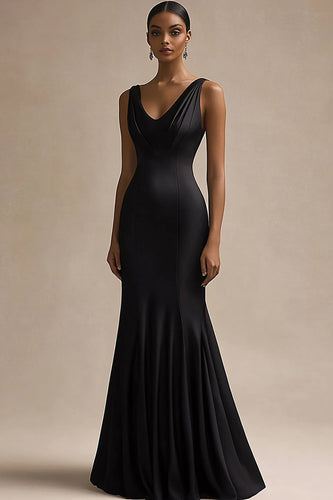 Schwarz Satin V Ausschnitt Lange Meerjungfrau Abendkleid