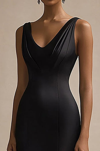 Schwarz Satin V Ausschnitt Lange Meerjungfrau Abendkleid