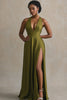 Laden Sie das Bild in den Galerie-Viewer, Olivgrün Satin V Ausschnitt A Linie Lange Abendkleid mit Schlitz