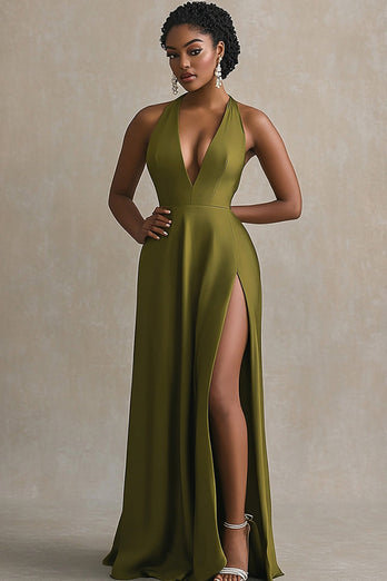 Olivgrün Satin V Ausschnitt A Linie Lange Abendkleid mit Schlitz