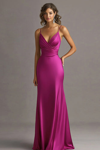 Fuchsia Satin Sheath Spaghettiträger Lange Abendkleid
