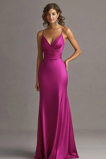 Fuchsia Satin Sheath Spaghettiträger Lange Abendkleid