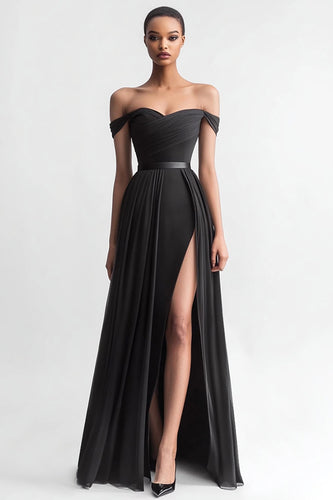 Schwarz A Linie Schulterfreie Lange Abendkleid mit Schlitz