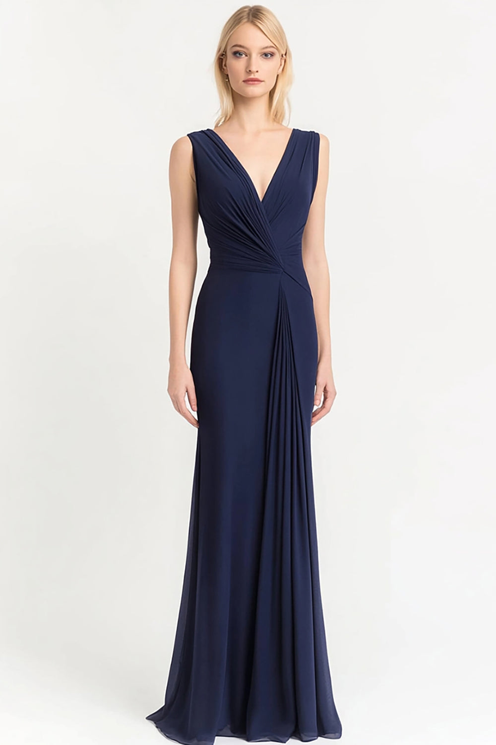 Marineblau Sheath Satin Lange Falten Abendkleid