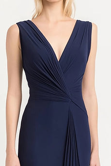 Marineblau Sheath Satin Lange Falten Abendkleid