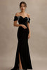 Laden Sie das Bild in den Galerie-Viewer, Schwarz Schulterfreie Satin Lange Abendkleid mit Schlitz