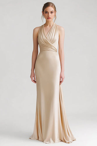 Champagner Satin Sheath V Ausschnitt Lange Abendkleid