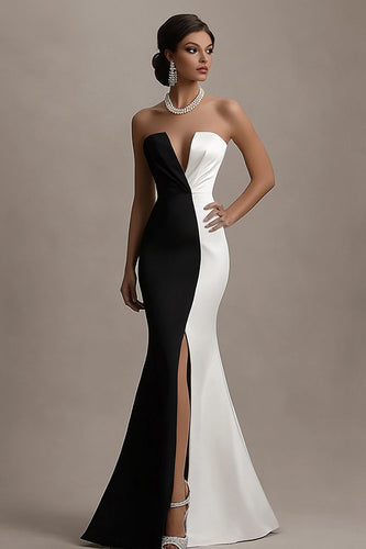Schwarz und Weiß Meerjungfrau Satin Lange Abendkleid mit Schlitz