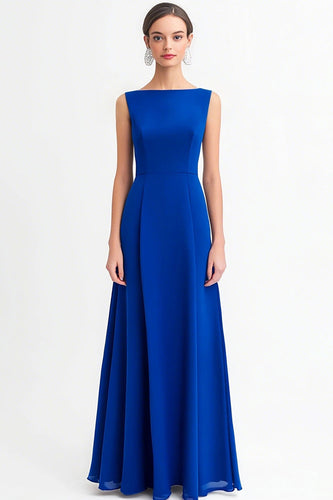 Königsblau A Linie Chiffon Bateau Ausschnitt Lange Abendkleid
