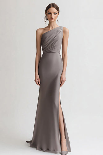 Grau Sheath Satin Eine Schulter Lange Abendkleid mit Schlitz
