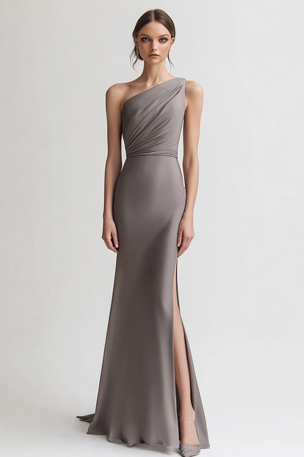 Grau Sheath Satin Eine Schulter Lange Abendkleid mit Schlitz