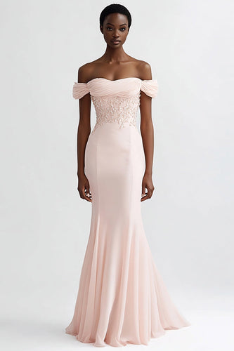 Rosa Meerjungfrau Chiffon Schulterfreie Lange Abendkleid