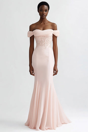 Rosa Meerjungfrau Chiffon Schulterfreie Lange Abendkleid