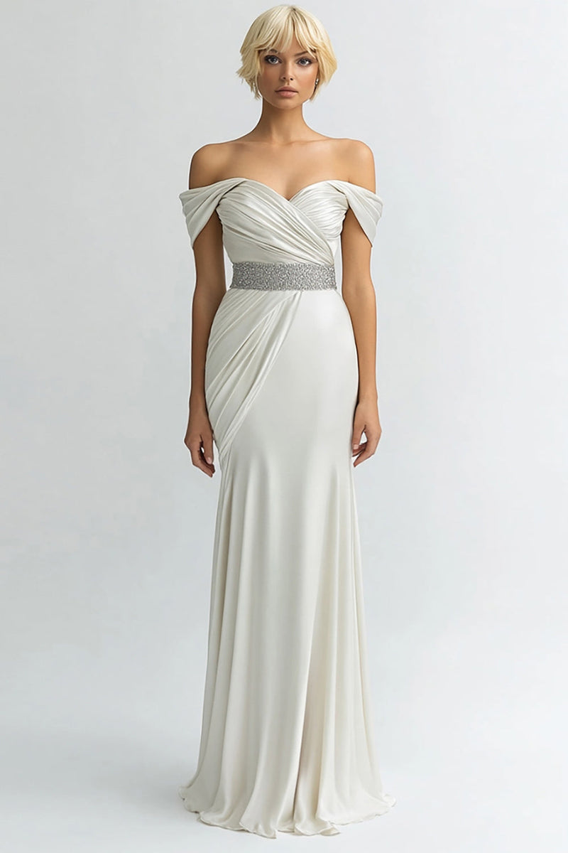 Laden Sie das Bild in den Galerie-Viewer, Elfenbein Sheath Satin Schulterfreie Lange Abendkleid
