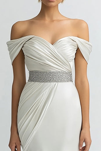 Elfenbein Sheath Satin Schulterfreie Lange Abendkleid