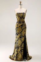 Laden Sie das Bild in den Galerie-Viewer, Pfauengrün Corsage Ohne Träger Langes Samt Festliches Kleid mit Schlitz