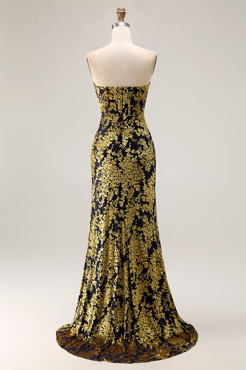 Laden Sie das Bild in den Galerie-Viewer, Pfauengrün Corsage Ohne Träger Langes Samt Festliches Kleid mit Schlitz
