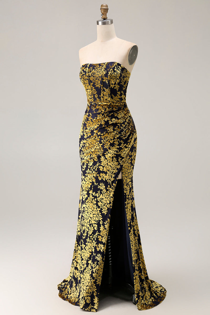 Laden Sie das Bild in den Galerie-Viewer, Pfauengrün Corsage Ohne Träger Langes Samt Festliches Kleid mit Schlitz