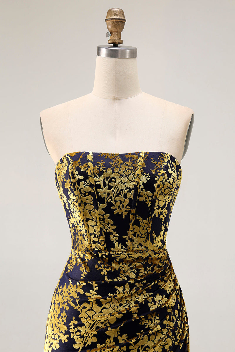 Laden Sie das Bild in den Galerie-Viewer, Pfauengrün Corsage Ohne Träger Langes Samt Festliches Kleid mit Schlitz