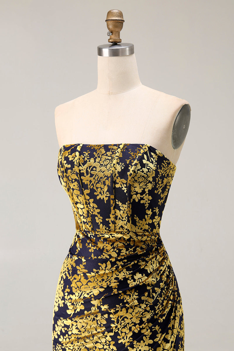 Laden Sie das Bild in den Galerie-Viewer, Pfauengrün Corsage Ohne Träger Langes Samt Festliches Kleid mit Schlitz