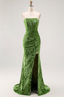 Laden Sie das Bild in den Galerie-Viewer, Pfauengrün Corsage Ohne Träger Langes Samt Festliches Kleid mit Schlitz