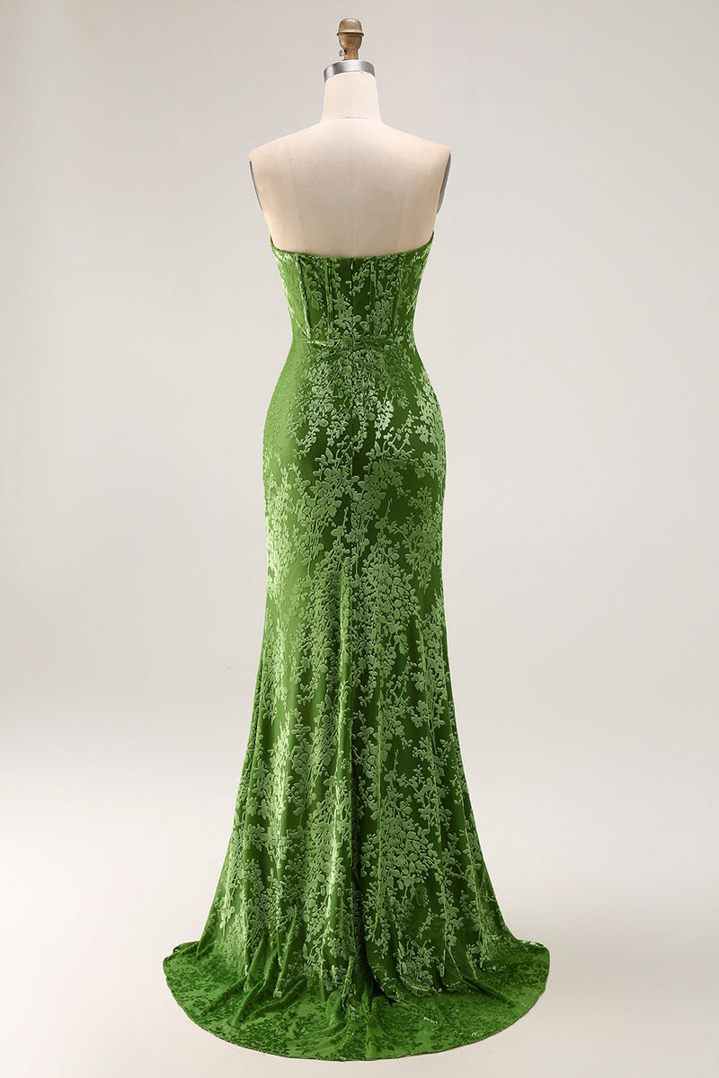 Laden Sie das Bild in den Galerie-Viewer, Pfauengrün Corsage Ohne Träger Langes Samt Festliches Kleid mit Schlitz