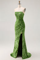 Laden Sie das Bild in den Galerie-Viewer, Pfauengrün Corsage Ohne Träger Langes Samt Festliches Kleid mit Schlitz