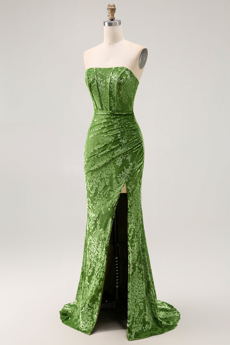 Laden Sie das Bild in den Galerie-Viewer, Pfauengrün Corsage Ohne Träger Langes Samt Festliches Kleid mit Schlitz