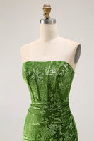 Laden Sie das Bild in den Galerie-Viewer, Pfauengrün Corsage Ohne Träger Langes Samt Festliches Kleid mit Schlitz