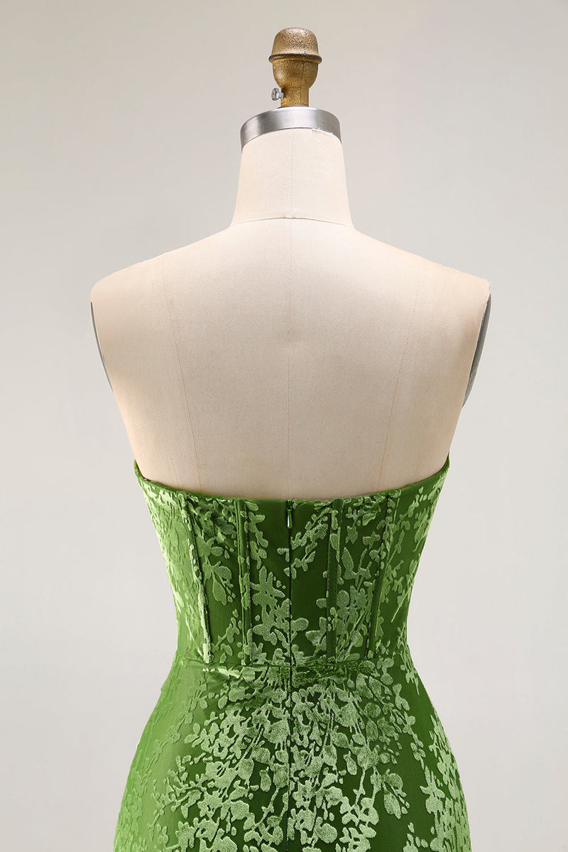 Laden Sie das Bild in den Galerie-Viewer, Pfauengrün Corsage Ohne Träger Langes Samt Festliches Kleid mit Schlitz