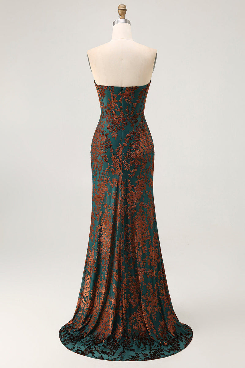 Laden Sie das Bild in den Galerie-Viewer, Pfauengrün Corsage Ohne Träger Langes Samt Festliches Kleid mit Schlitz
