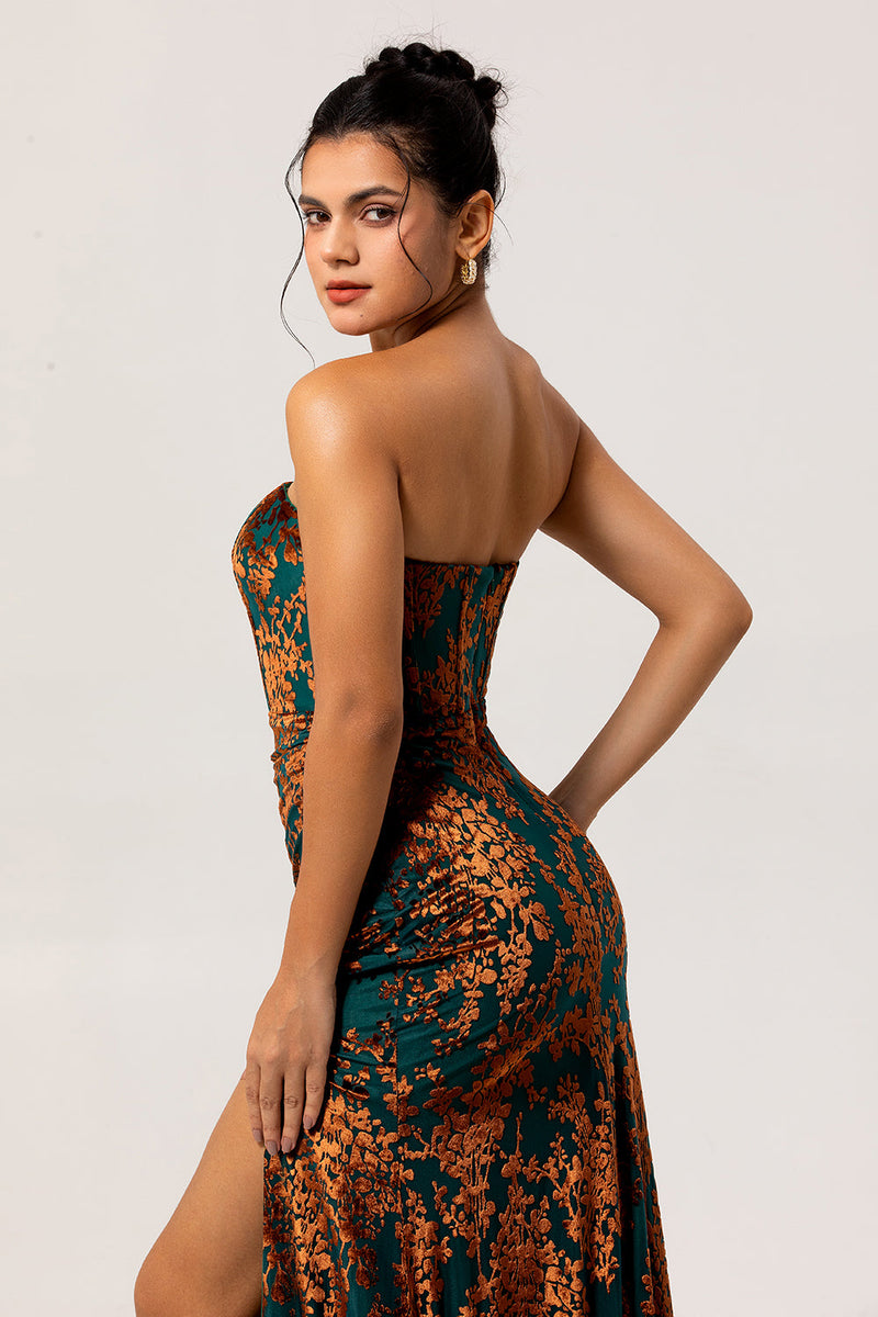 Laden Sie das Bild in den Galerie-Viewer, Pfauengrün Corsage Ohne Träger Langes Samt Festliches Kleid mit Schlitz